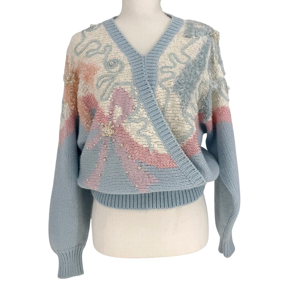 Vintage 80s Jaclyn Smith Pastel Metallic Floral Wrap Surplice Sweater M